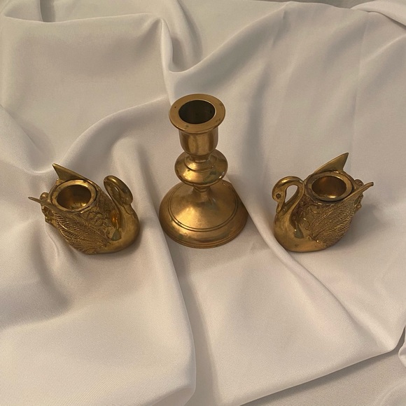 Solid Brass Swan Candleholder Set plus a single candleholder for a trio of light - Picture 2 of 9